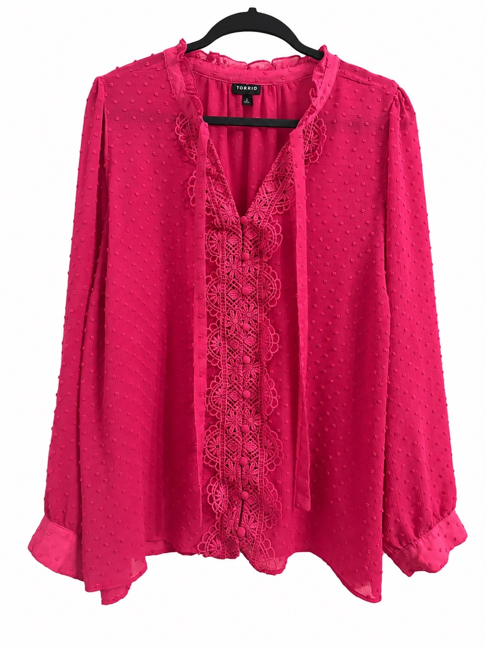 Torrid Pink Swiss Dot Lace Crochet Blouse Long Balloon Sleeve Tie Peasant Size 2
